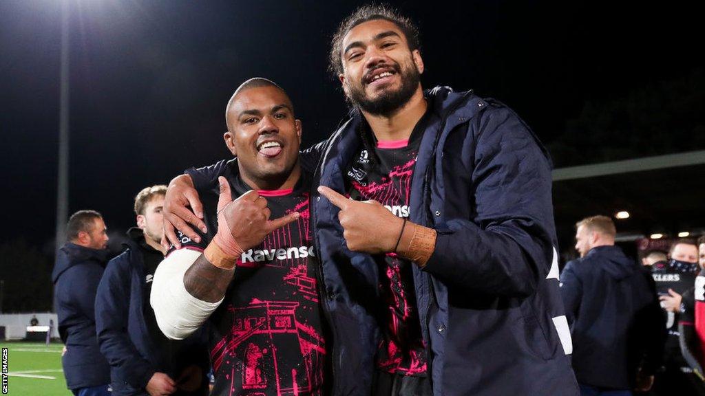 Sinckler and Bristol team-mate Chris Vui pose after their European Challenge Cup final win over Toulon in 2020