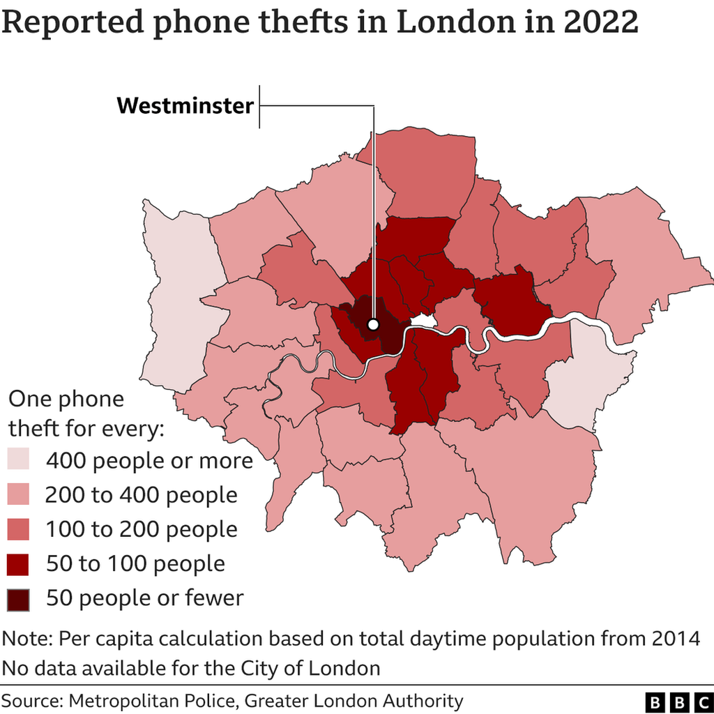 Choropleth map of London showing the reported thefts by Borough. Westminster is the worst and highlighted.