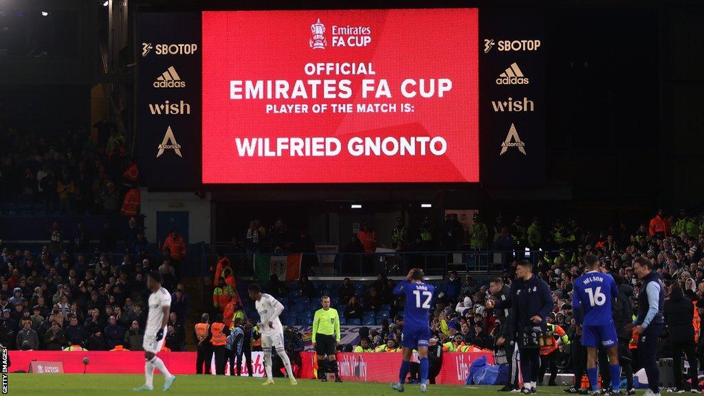 Big screen at Leeds announcing Wilfried Gnonto as man of the match