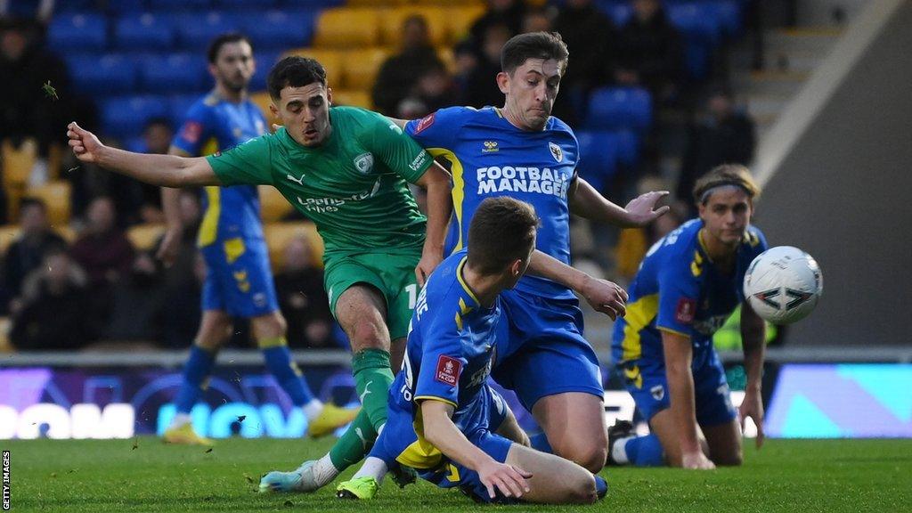 Armando Dobra scores for Chesterfield against AFC Wimbledon in the FA Cup