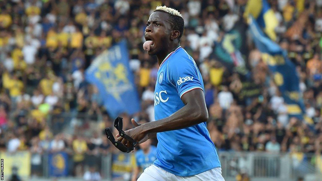 Victor Osimhen celebrates scoring for Napoli