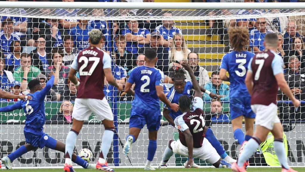 Amadou Onana scores Aston Villa's opening goal in their Premier League win at Leicester City