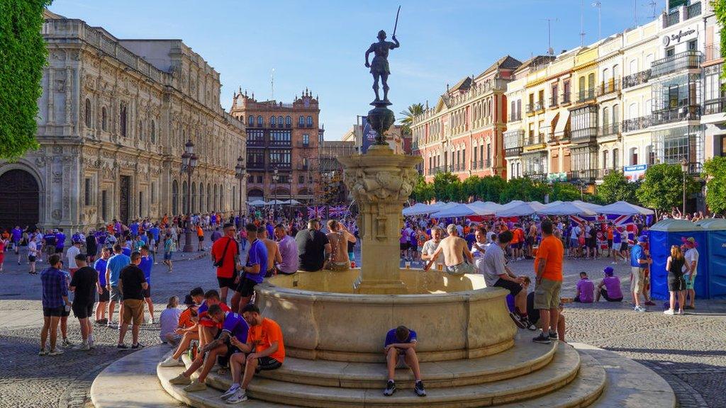 Rangers fans gather in Seville's Plaza de San Francisco