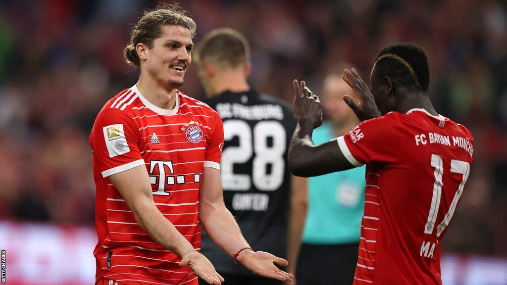 Marcel Sabitzer celebrates scoring for Bayern Munich against Freiburg in the Bundesliga on 16 October