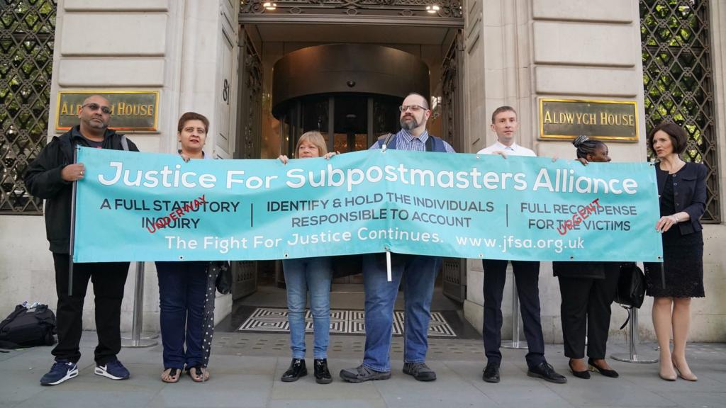 Members of the Justice For Subpostmaster Alliance (JFSA) protest outside inquiry in central London