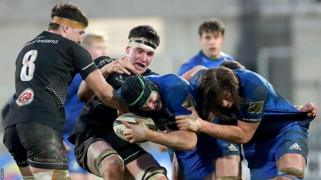 Harry Sheridan (second from left) and David McCann (left) battle with Ryan Baird and Jack Dunne in the A interprovincial between Ulster and Leinster in January 2021