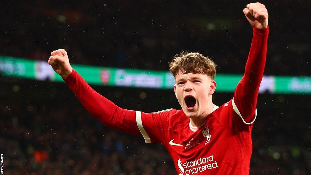 James McConnell celebrates Virgil van Dijk's winning goal in the Carabao Cup final