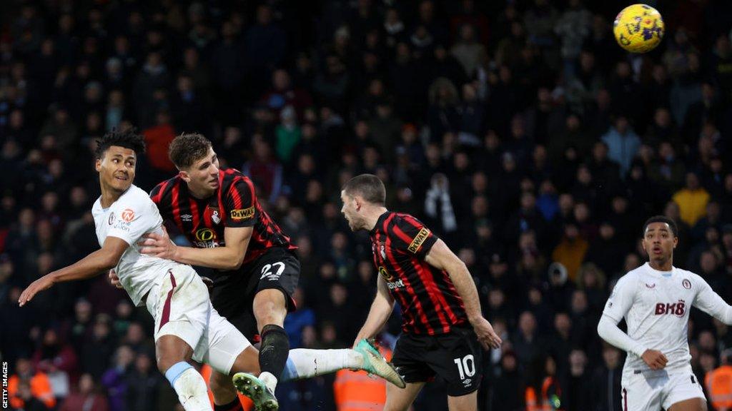 Villa striker Ollie Watkins heads in a late equaliser against Bournemouth