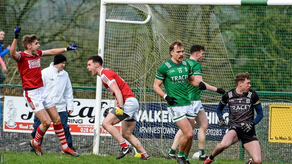 Maurice Shanley celebrates after scoring Cork's match-winning goal at Ederney