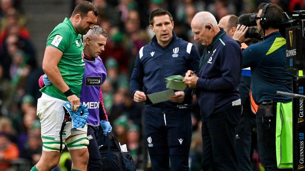 Tadhg Beirne limps off against France in the Six Nations