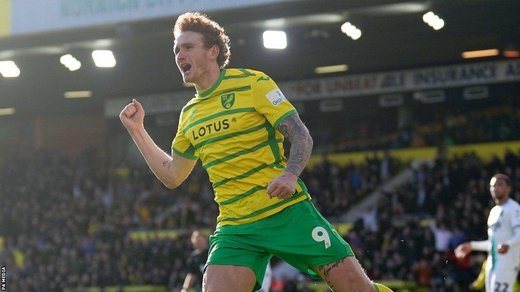 Josh Sargent celebates scoring for Norwich City