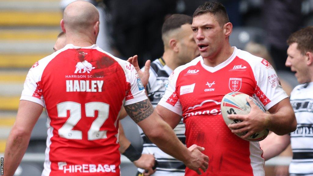 Ryan Hall and Dean Hadley celebrate for Hull KR against Hull FC