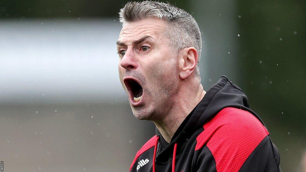 Derry manager Rory Gallagher shouts instructions to his players during the Brewster Park contest