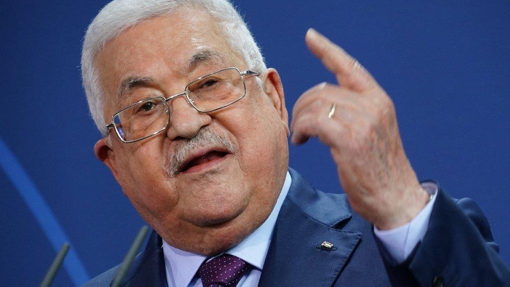 Palestinian President Mahmoud Abbas speaks during a news conference at the Federal Chancellery in Berlin, Germany (16 August 2022)