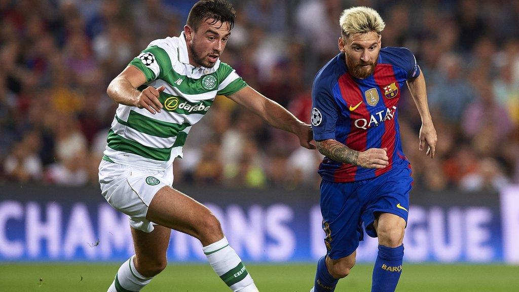 Eoghan O'Connell in action for Celtic against Barcelona's Lionel Messi in 2016