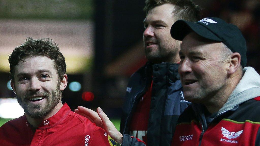 Leigh Halfpenny and Wayne Pivac celebrate beating Toulon