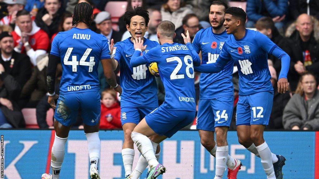 Koji Miyoshi celebrates the third goal of his Blues career