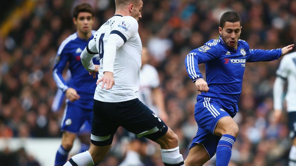 Eden Hazard of Chelsea takes on Toby Alderweireld