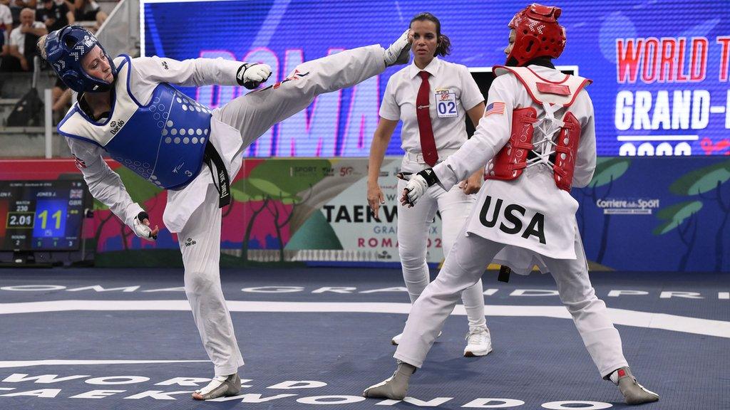 Jade Jones vs Faith Dillon of the USA during semi-finals of World Taekwondo Grand Prix in Rome