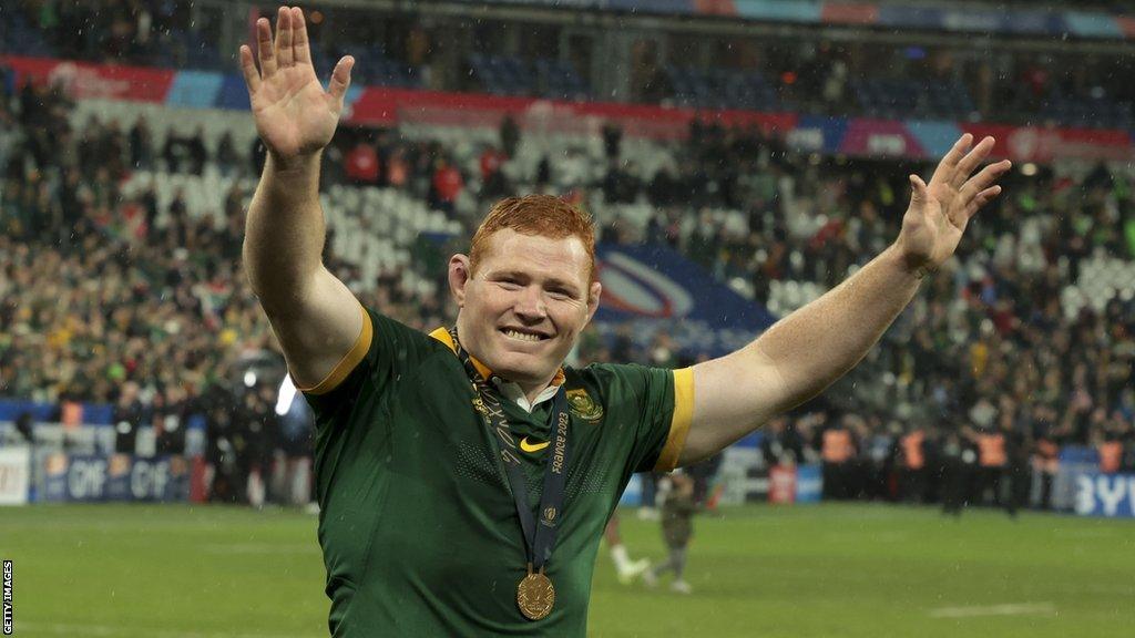 Steven Kitshoff celebrates after South Africa's World Cup final win over New Zealand last month