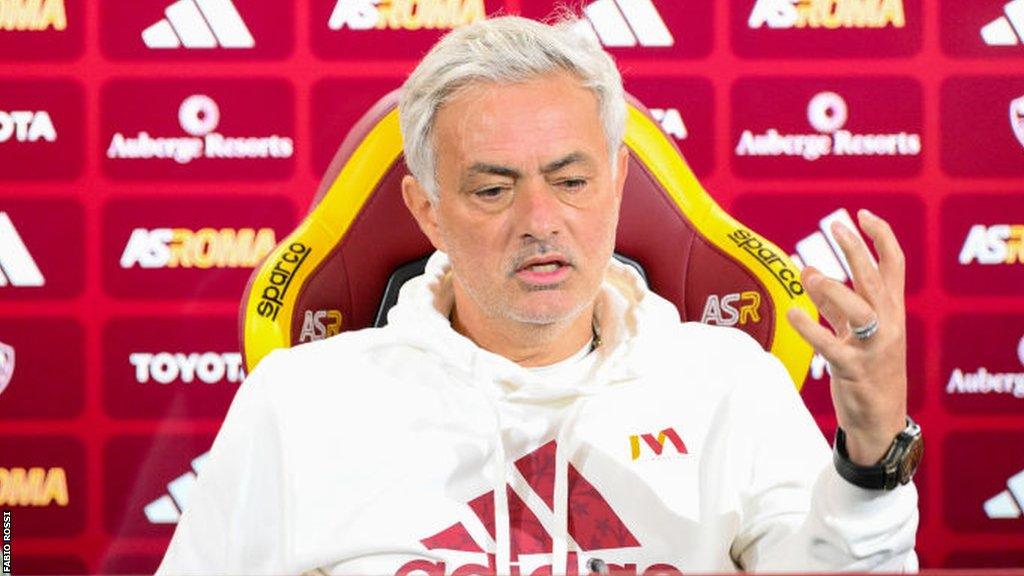 Jose Mourinho gestures during a Roma press conference