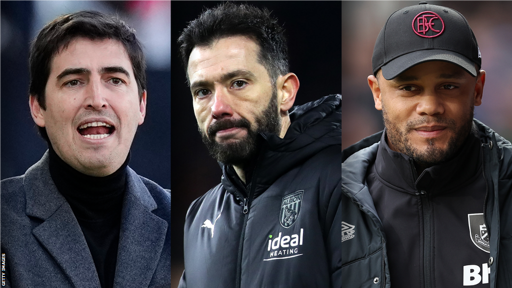 A split image of Rayo Vallecano manager Andoni Iraola (left), West Brom boss Carlos Corberan (centre) and Burnley manager Vincent Kompany (right)