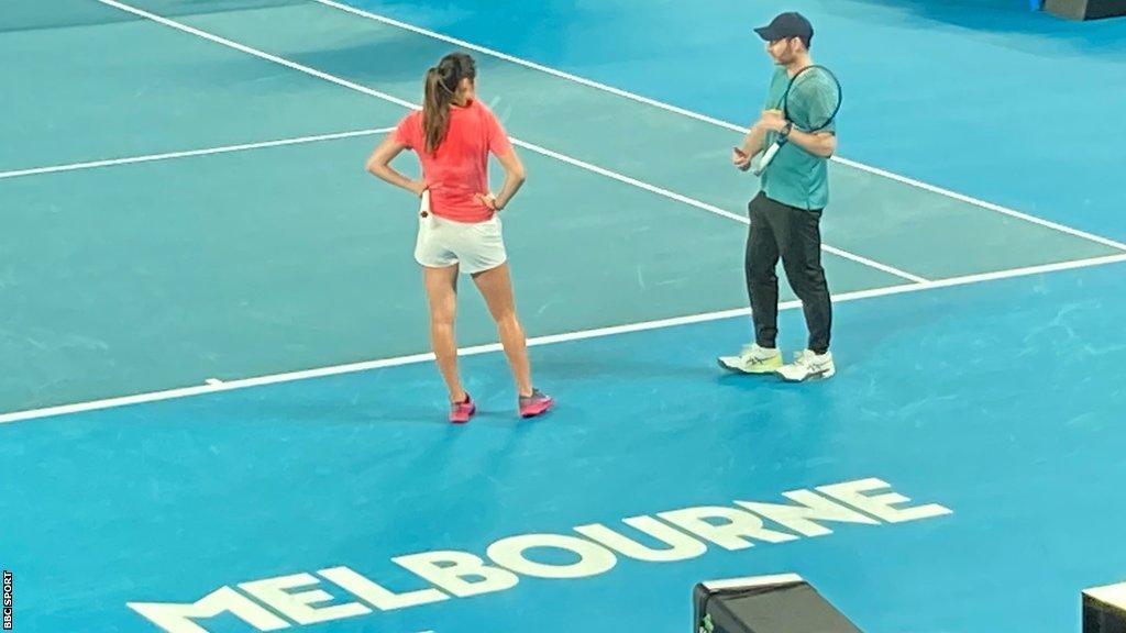 Emma Raducanu and Nick Cavaday on court together in Melbourne on Monday