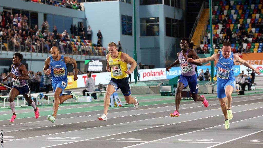 Samuele Ceccarelli wins the men's 60m final with Olympic 100m champion Marcell Jacobs second