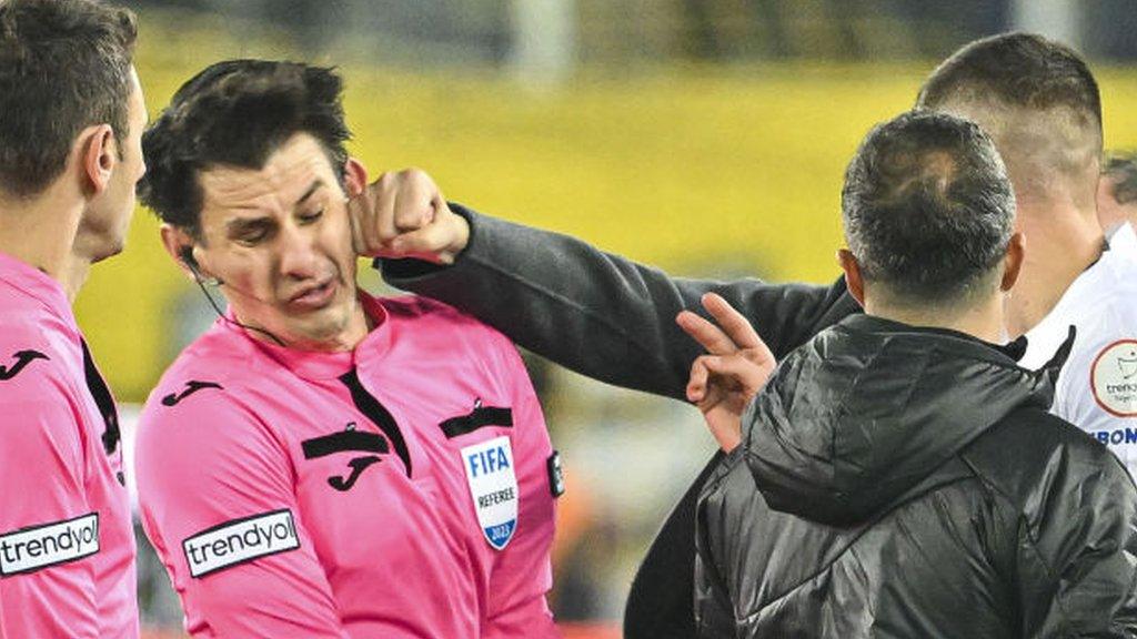 Faruk Koca, president of MKE Ankaragucu throws a punch at referee Halil Umut Meler