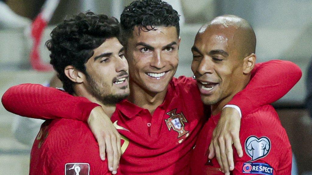 Cristiano Ronaldo (centre) celebrates a goal for Portugal with team-mates Goncalo Guedes and Joao Mario