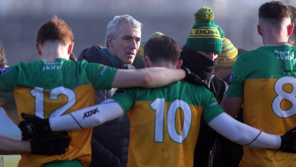 Jim McGuinness talks to the his Donegal players before the Dr McKenna Cup semi-final win over Monaghan