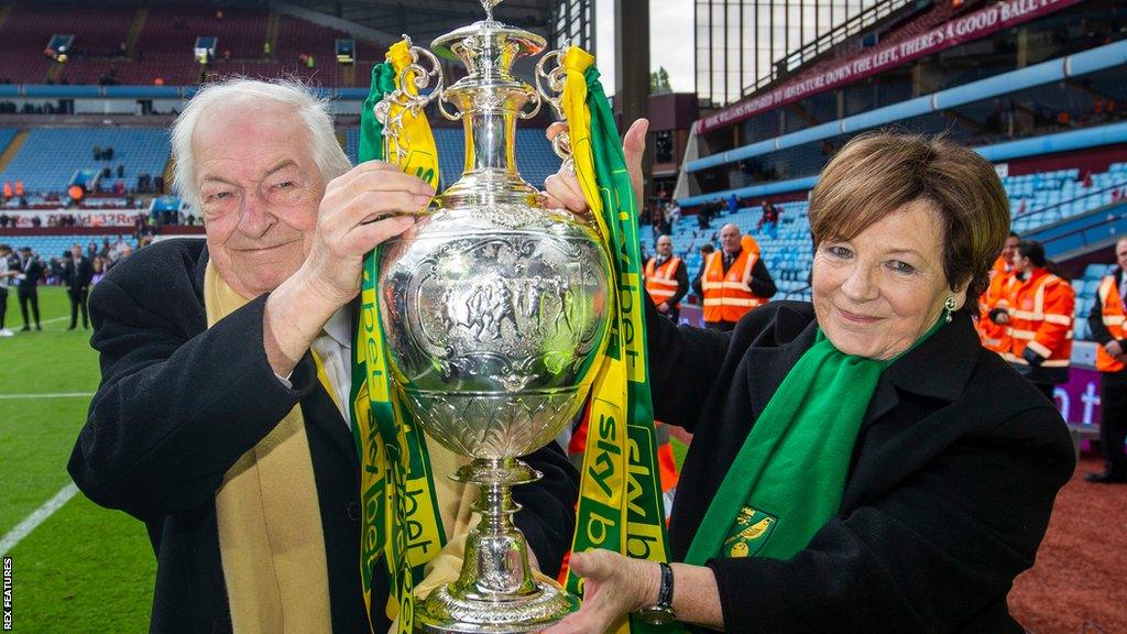 Delia Smith and Michael Wynn Jones celebrate Norwich's Championship title win in 2019