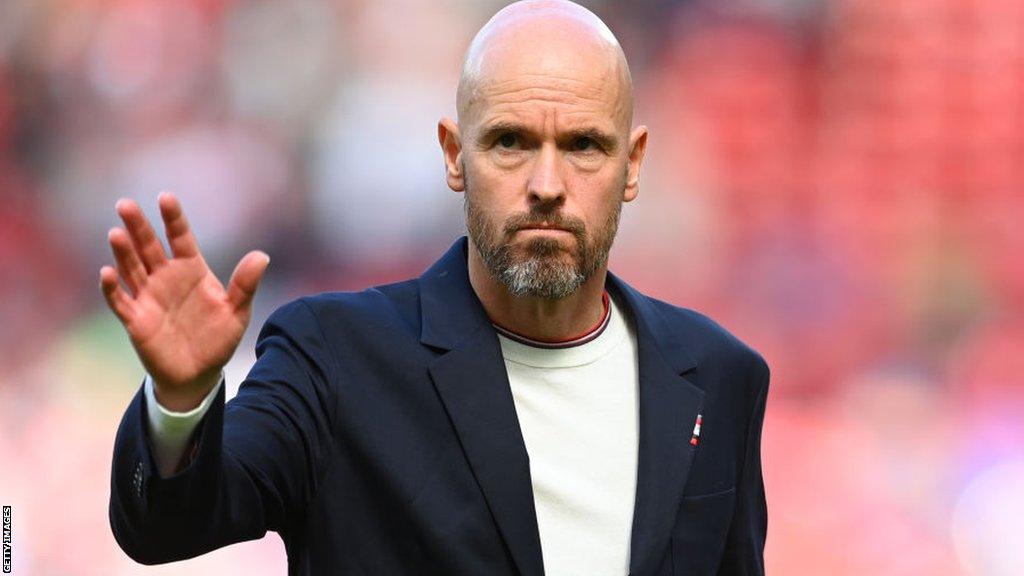 Manchester United manager Erik ten Hag waves to fans at Old Trafford