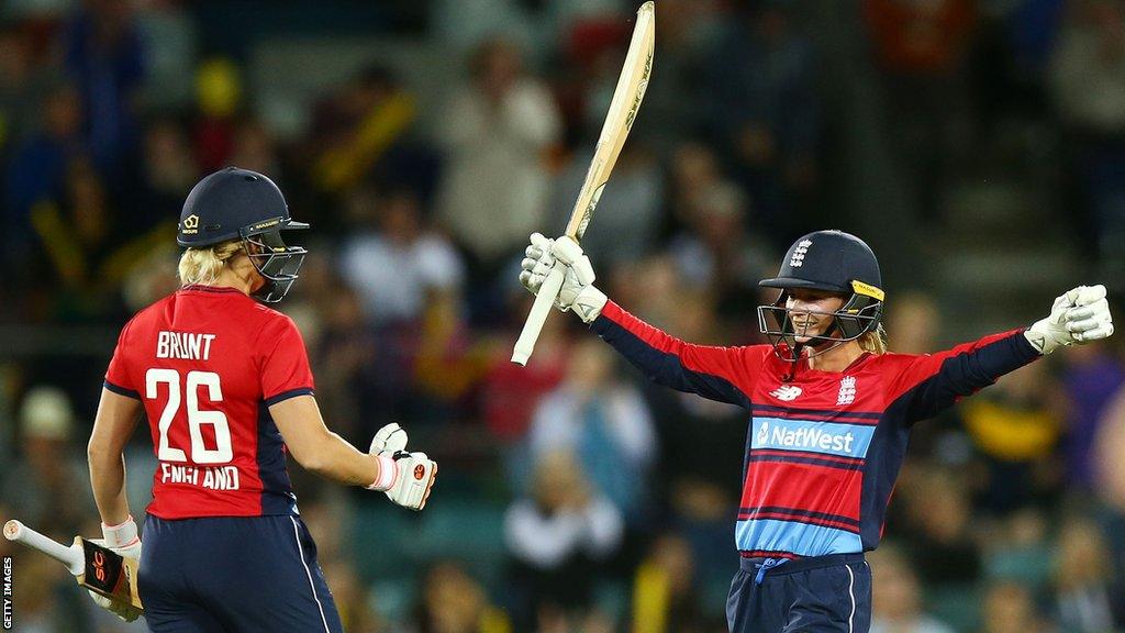 England's Danni Wyatt celebrates hitting a century against Australia in a T20 match in the 2017 Women's Ashes