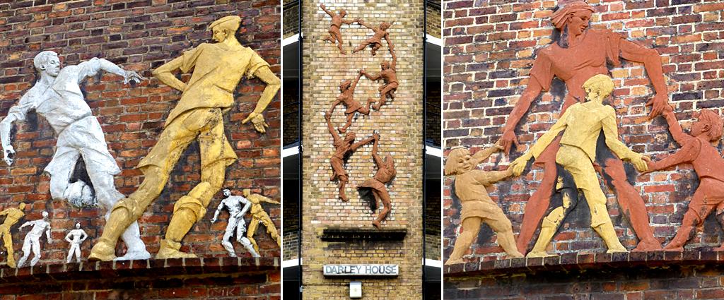 Following the Leader (Memorial to the Children Killed in the Blitz) (c) by Peter Laszlo Peri, 1949 - Vauxhall, London. Relief of Boys Playing Football (l) and Relief of Mother and Children Playing (r) by Peter Laszlo Peri, 1951-2 - South Lambeth Estate, London.