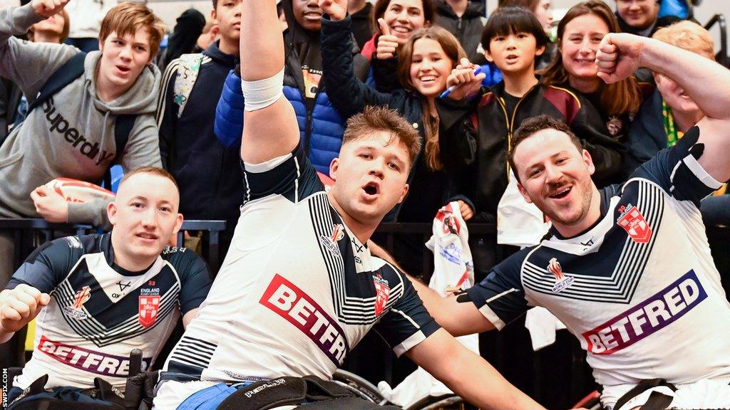 Nathan Collins, Tom Halliwell and Sebastian Bechara enjoy the celebrations with England during the 2021 World Cup journey