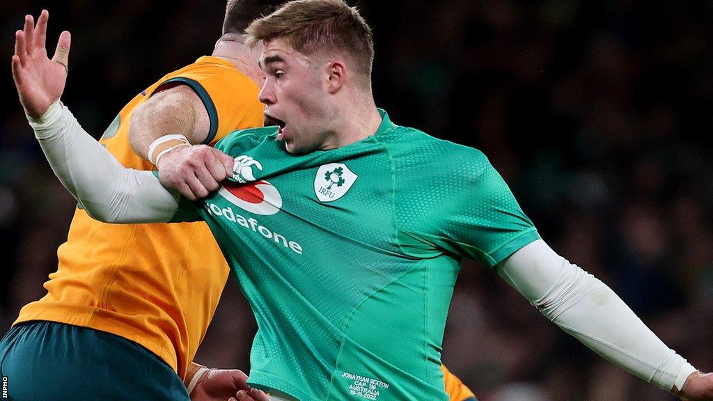 Jack Crowley wearing Johnny Sexton’s Ireland jersey in Saturday's game against Australia