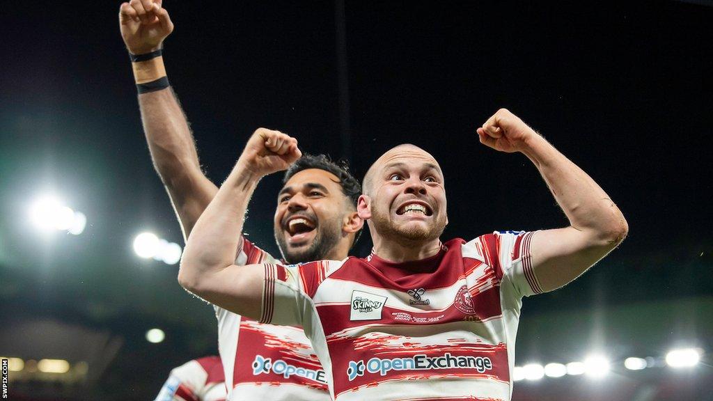 Bevan French and Liam Marshall celebrate a try at Old Trafford