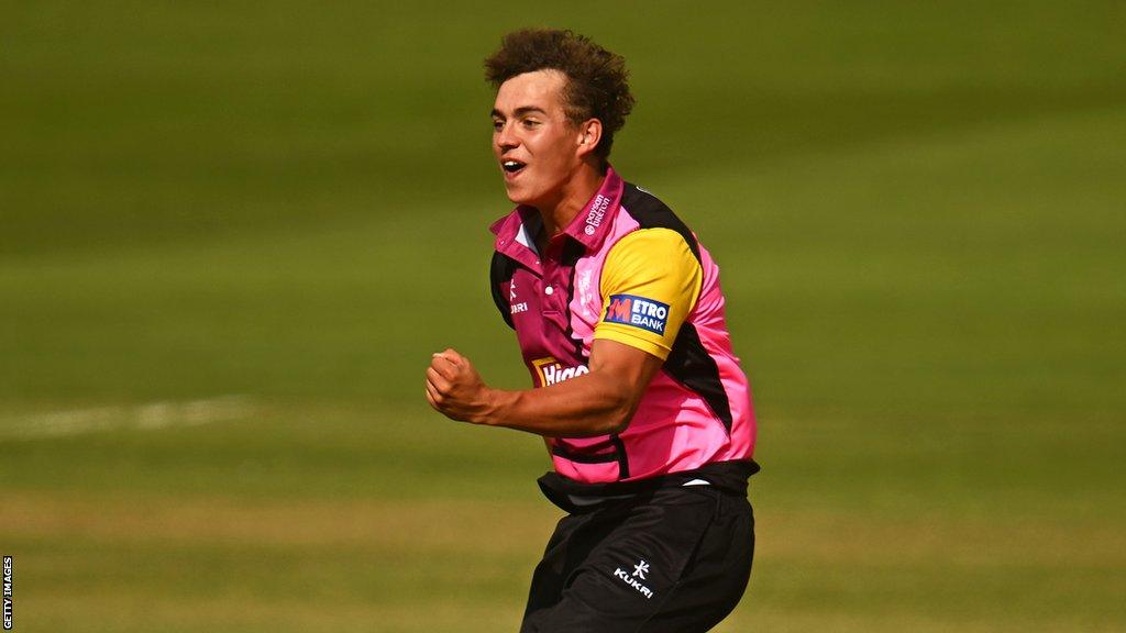 Josh Thomas celebrates taking a wicket for Somerset during the One-Day Cup campaign this summer