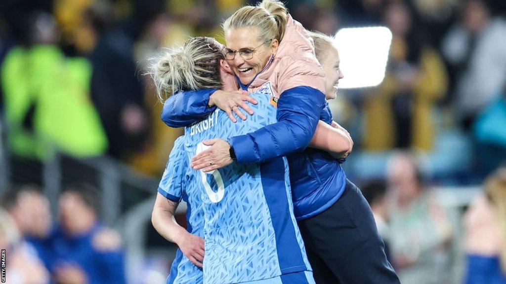 Millie Bright lifts Sarina Wiegman after beating Australia