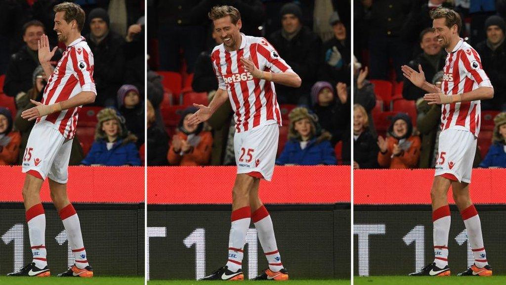 Peter Crouch does the robot after scoring for Stoke