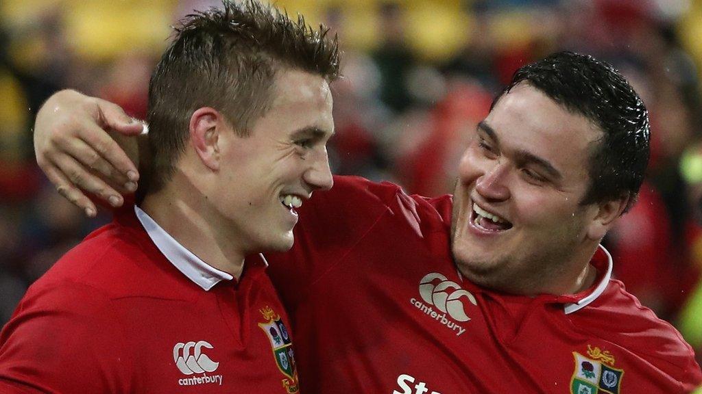 Jonathan Davies and Jamie George celebrate the Lions' victory