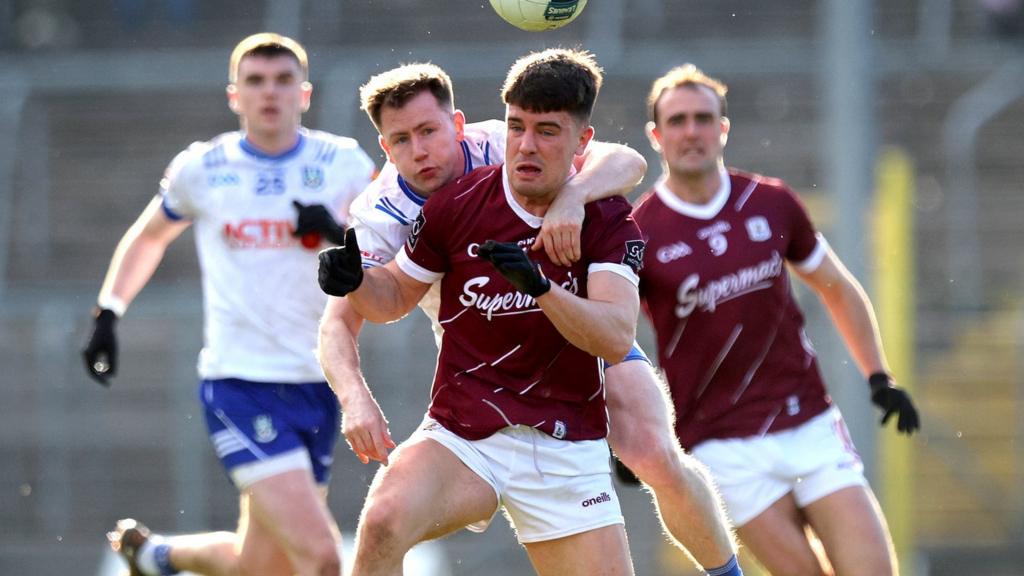 Monaghan's Karl O'Connell battles with Galway's Sean Kelly at Clones