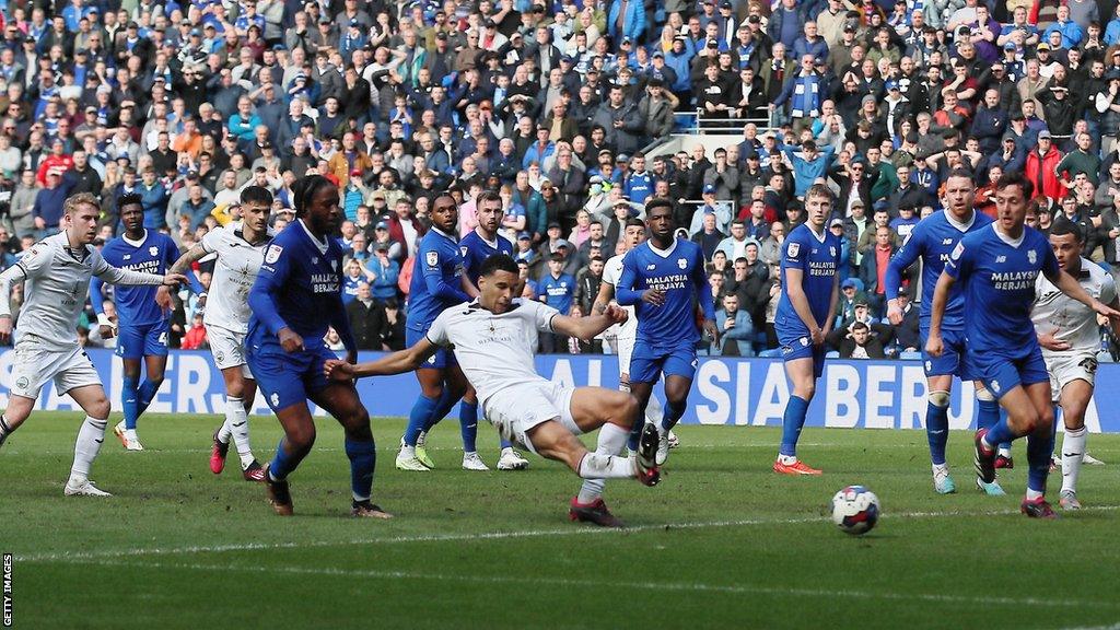 Ben Cabango scores a late winner at Cardiff in April