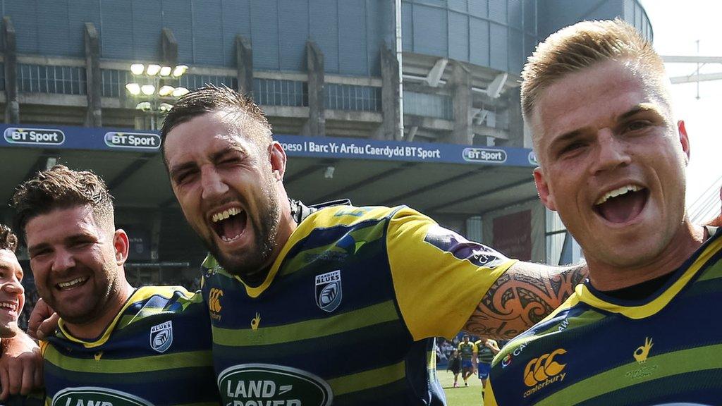 Gareth Anscombe (R) celebrates Blues' win