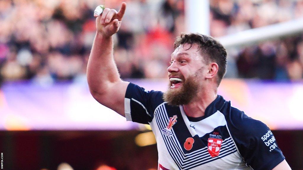 Elliott Whitehead celebrates scoring for England in their World Cup semi-final against Samoa