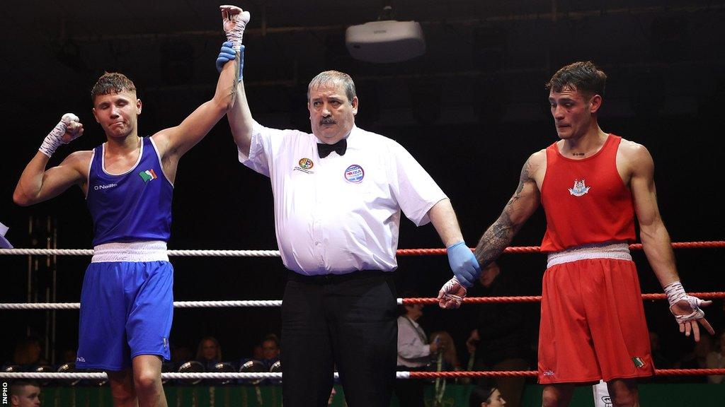 Bangor man Dylan Eagleson celebrates after beating former Spanish Elite finalist Jorge Rogla Castanno in the non-Olympic 54kg division