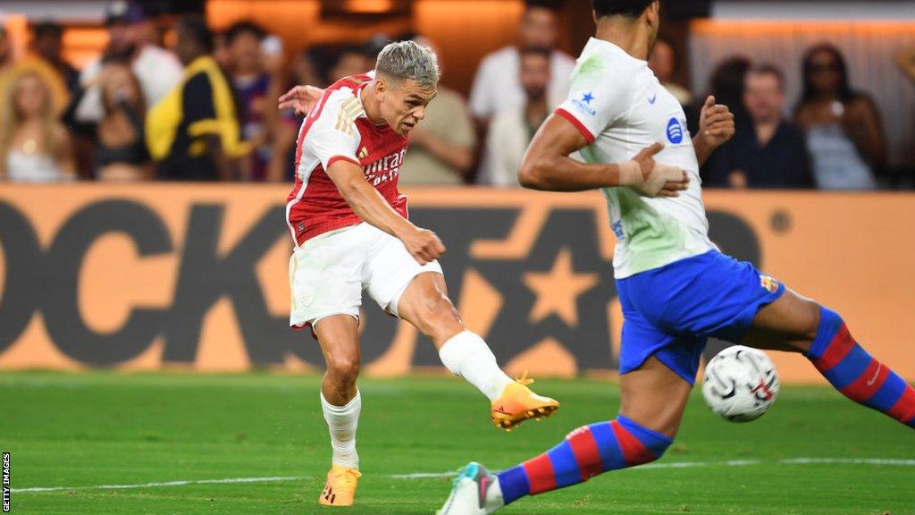 Arsenal's Leandro Trossard scores against Barcelona