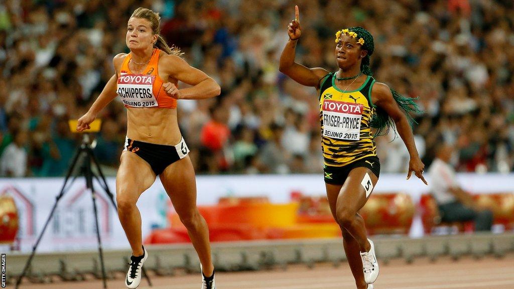 Shelly-Ann Fraser-Pryce of Jamaica (right) beats Dafne Schippers of the Netherlands to win 100m gold at the 2015 World Championships in Beijing