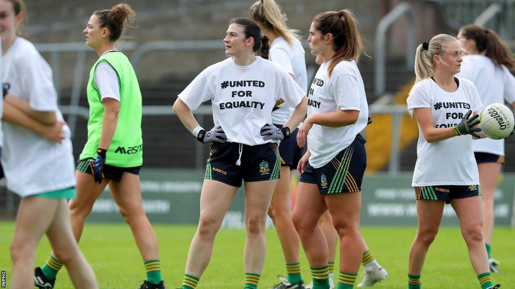 Meath players wearing 'United for Equality' t-shirts before an All-Ireland Senior Football Championship match against Donegal